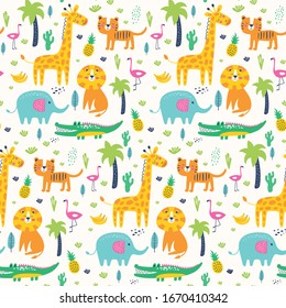 Seamless pattern wild animals in jungle. Kids vector illustrations