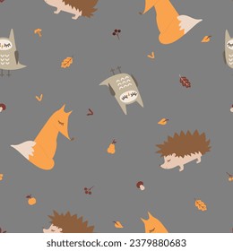 Seamless pattern with wild animals and leaves, mushrooms, berries. Autumn endless pattern with sleeping fox, hedgehog, owl. Vector.