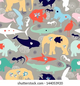 seamless pattern of wild animals on a brown background