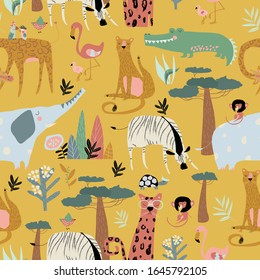 Seamless pattern of wild animals on yellow background
