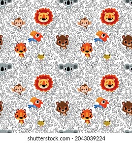 Seamless pattern with wild animals on a white background. Lion, koala, tiger, bear and parrot look out from the bushes. Vector illustration in children's style, drawing by hands. Cute print.
