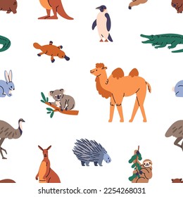 Seamless pattern, wild animals repeating print. Endless background design, cute mammals, fauna. Wildlife texture for kids textile, wallpaper. Printable childish flat vector illustration for decoration