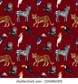 Seamless pattern with wild animals such as zebra, parrot, toucan, monkey and leopard