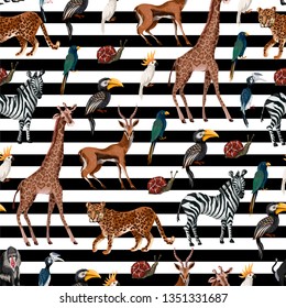 Seamless pattern with wild animals such as zebra, parrot, toucan, monkey, giraffe and antilope on striped background