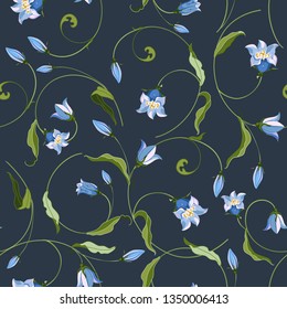 Seamless pattern with wild bell flowers, braided in Celtic ornament on background Indigo color . Flower vector illustration