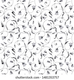 Seamless pattern with wild bell flowers, braided in Celtic ornament on white background. Flower vector illustration