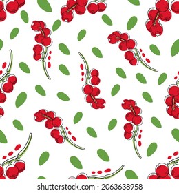 Seamless pattern from wild berries green leaves in vector technique isolated on a white background