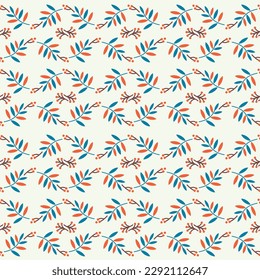 Seamless pattern with wild berries and leaves for printing on textiles and packaging. Simplified stylization of vegetation in a geometric style. Decorative waves in the form of plant elements.