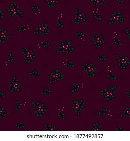 seamless pattern wild berries lingonberries on branches, dark color, solid ornament for the background, for design, for printing on paper and textiles