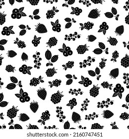 Seamless pattern with wild berries on white background. Summer background with flat icon strawberry, blueberry, raspberry, currant. Design for print on wrapping paper, packaging. Vector illustration