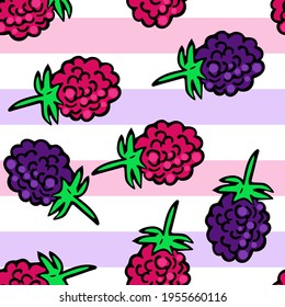 Seamless pattern with wild berries. Raspberries and blackberries, solid background. Stripes and berries. Background with food. Delicate pattern in pink and purple tones. Vector.
