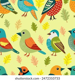 seamless pattern wild bird colorful tropical setting. Cute exotic winged birds, repeating pattern for textile, fabric, wrapping, wallpaper, kids flat modern design.