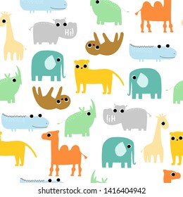 Seamless pattern with wild cartoon animals. Funny kids textile print. Vector hand drawn illustration.
