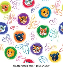 Seamless pattern with wild cat heads and scribbles