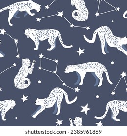 Seamless pattern with wild cats against the background of the starry sky. Fantasy leopards in space. Abstract vector graphics.