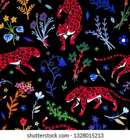 Seamless pattern. Wild cats in the blooming garden. Leopards walk among beautiful flowers and herbs. Summer meadow. Trend print. Hand drawn vector illustration.