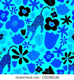 Seamless pattern Wild cats in the blooming garden. Tigers among flowers and herbsb beautiful wildflowers.Summer meadow.Trendy flat stylestock vector illustration for wrapping paper, textile, wallpaper