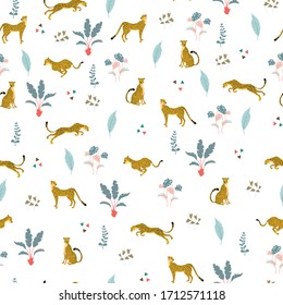 Seamless pattern with wild cats Cheetahs in different poses and exotics palms tree coloured with bright pastel. Tropical summer on white backdrop. Great for wrap paper, wallpapers, web, surface design
