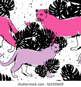 Seamless pattern with wild cats. Drawing by hand. Stylish exotic background. Leopard, Lion.