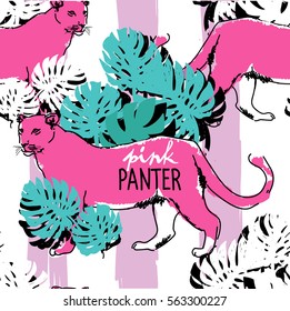 Seamless pattern with wild cats. Drawing by hand. Stylish exotic background. Leopard, Lion.