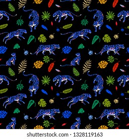 Seamless pattern. Wild cats in the night rainforest. Monstera and palm leaves. Tropical plants. Trend Leopard print. Hand drawn vector illustration.