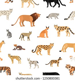 Seamless pattern with wild cats on white background. Backdrop with exotic carnivorous animals of Felidae family. Colorful vector illustration in flat cartoon style for wrapping paper, wallpaper.