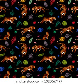 Seamless pattern. Wild cats in the rainforest. Trend Leopard print.