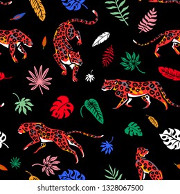 Seamless pattern. Wild cats in the rainforest. Monstera and palm leaves. Trend Leopard print. Hand drawn vector illustration.