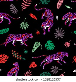Seamless pattern. Wild cats in the rainforest. Monstera and palm leaves. Tropical plants. Trend Leopard print. Vector illustration.