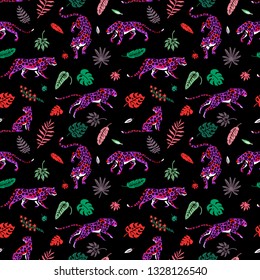 Seamless pattern. Wild cats in the rainforest. Monstera and palm leaves. Tropical plants. Trend Leopard print. Hand drawn vector illustration.