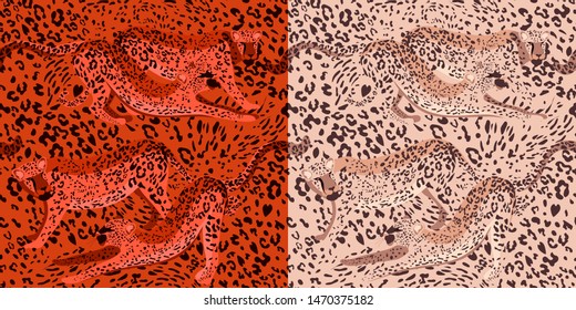 Seamless pattern of wild cats. Set for printing on fabric. Fashion trend of the season_