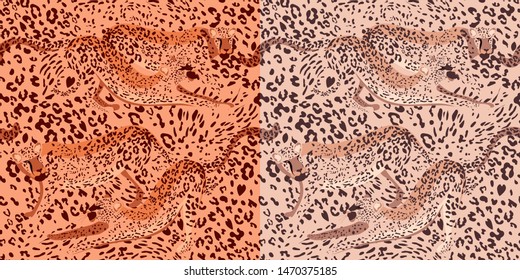 Seamless pattern of wild cats. Set for printing on fabric. Fashion trend of the season_