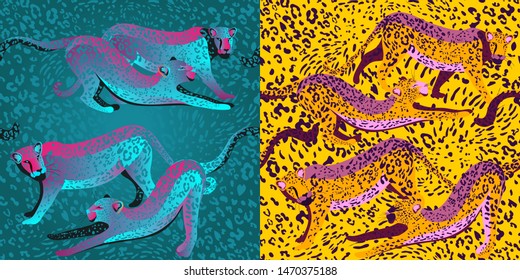 Seamless pattern of wild cats. Set for printing on fabric. Fashion trend of the season_