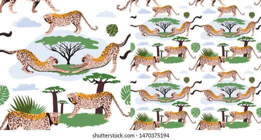 Seamless pattern of wild cats. Set for printing on fabric. Fashion trend of the season_