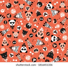 Seamless pattern of wild cats zebra panda black tiger leopard in orange with bows and dots, graphic geometric abstract minimal retro vintage, sweet happy kids background illustration in vector
