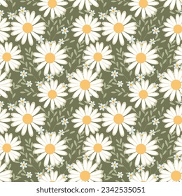 Seamless pattern, wild chamomile flowers and scattered leaves on a green background. Print, floral background, textile, wallpaper, vector