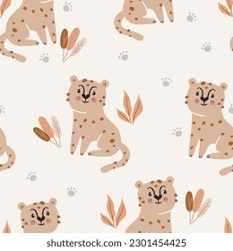 Seamless pattern with wild cheetahs and tropical leaves. Pattern for bedroom, wallpaper, kids and baby wear.
