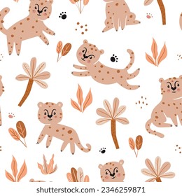 Seamless pattern with wild cheetahs and tropical leaves. Pattern for bedroom, wallpaper, kids and baby wear.