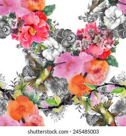 Seamless pattern with wild colibri bird on the branch with flowers on white background vector illustration