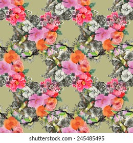 Seamless pattern with wild colibri bird on the branch with flowers on beige background vector illustration