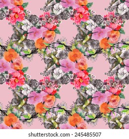 Seamless pattern with wild colibri bird on the branch with flowers on pink background vector illustration