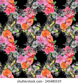 Seamless pattern with wild colibri bird on the branch with flowers on black background vector illustration