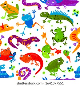 Seamless pattern wild cute cartoon animal flat isolated vector illustration. Amphibians reptiles lizard frog snake gecko varan triton characters decoration white background set.