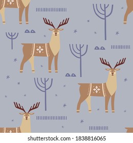 Seamless pattern with wild deer. Scandinavian folk art, decoration, wallpaper.