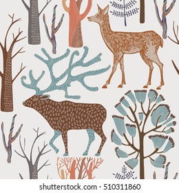 Seamless pattern with wild deers