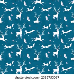 Seamless pattern with wild Deers, Foxes and Owls. Perfect for cards, invitations, party, banners, kindergarten, wallpaper, preschool and children room decoration