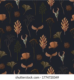 Seamless pattern with wild and dried flowers. Autumn trendy print.