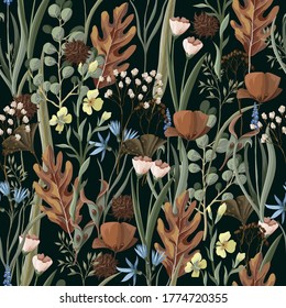 Seamless pattern with wild and dried flowers. Autumn trendy print.