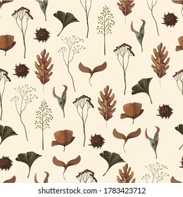 Seamless pattern with wild and dried flowers. Autumn trendy print