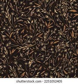 Seamless pattern with wild and dry grass, hand drawn by vector. Layout for wallpaper, textile, fabric, making cards, invitations, banners. Dark background. Field herbs and flowers. Dried plants